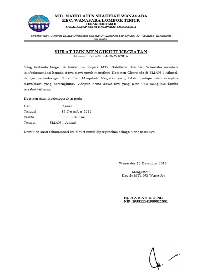  Surat  Rekomendasi  Ikut Lomba Kegiatan