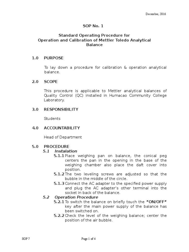 Sop Analitycal Balance Calibration Weight