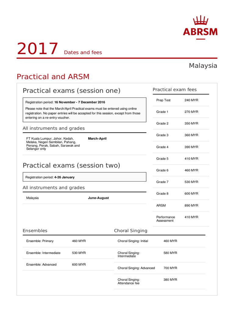 Dates and Fees ABRSM PDF Strait Of Malacca Malaysia