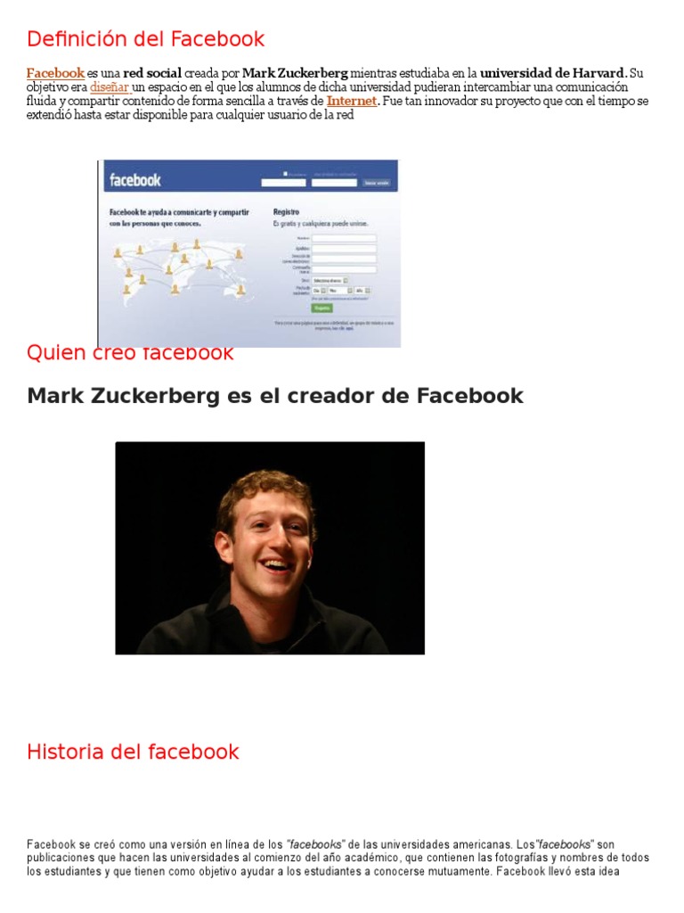 Historia y definición de Facebook | PDF | Facebook | Servicio de redes ...