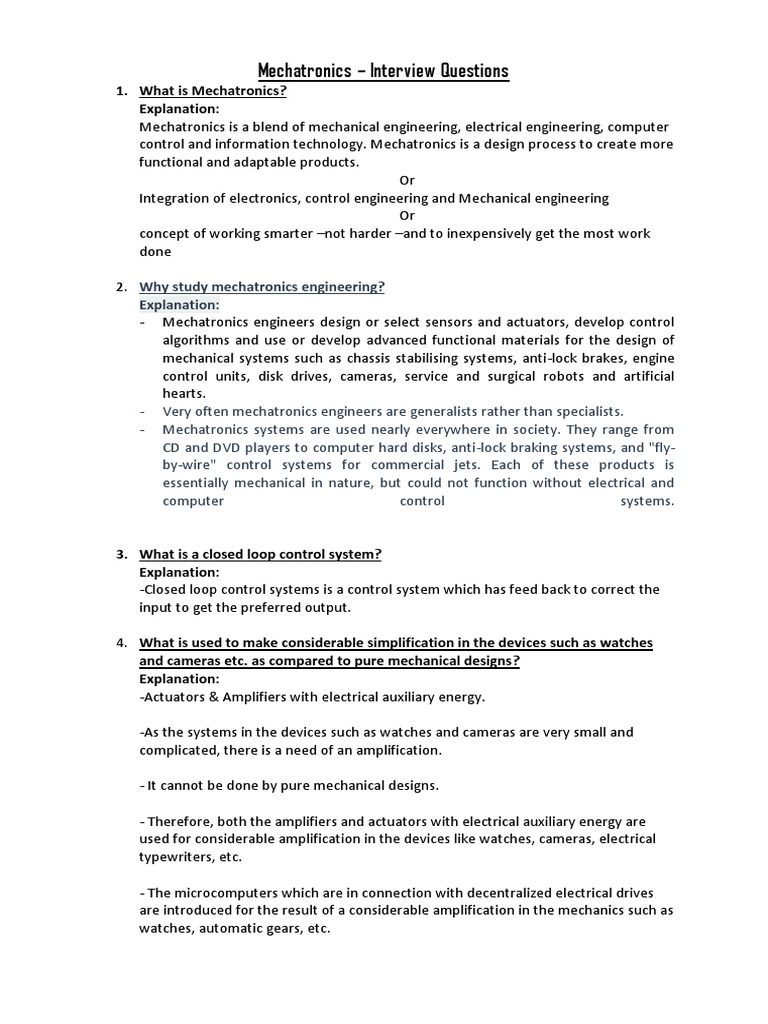 Mechatronics Interview Questions | PDF | Mechatronics | Control Theory