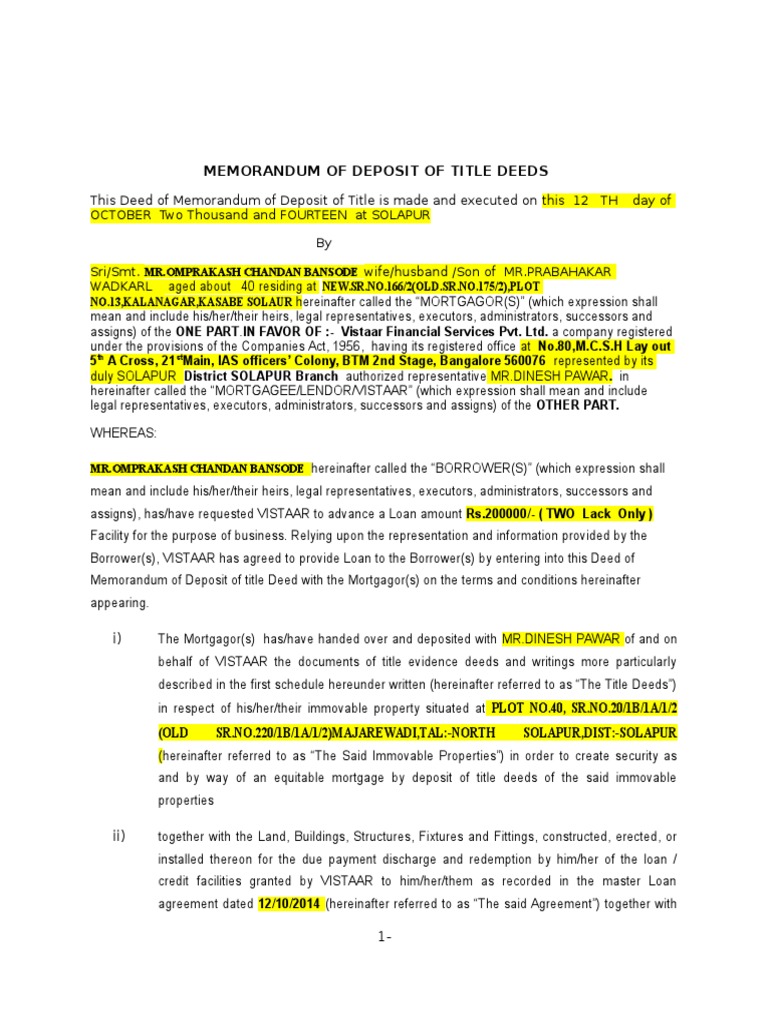 Memorandum of Deposit of Title Deeds | PDF | Mortgage Law | Civil Law ...