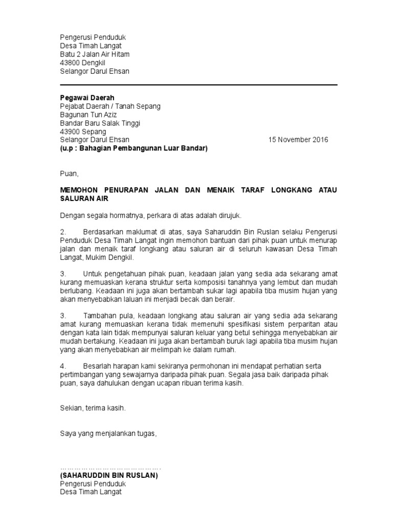 Cara Menulis Surat Resmi Permohonan Peruntukan Dari Pejabat Daerah