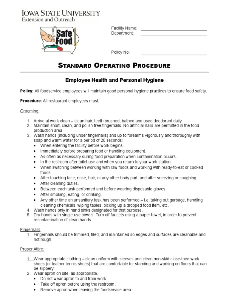 Employee Hygiene Standards for Food Safety | PDF | Hygiene | Wellness