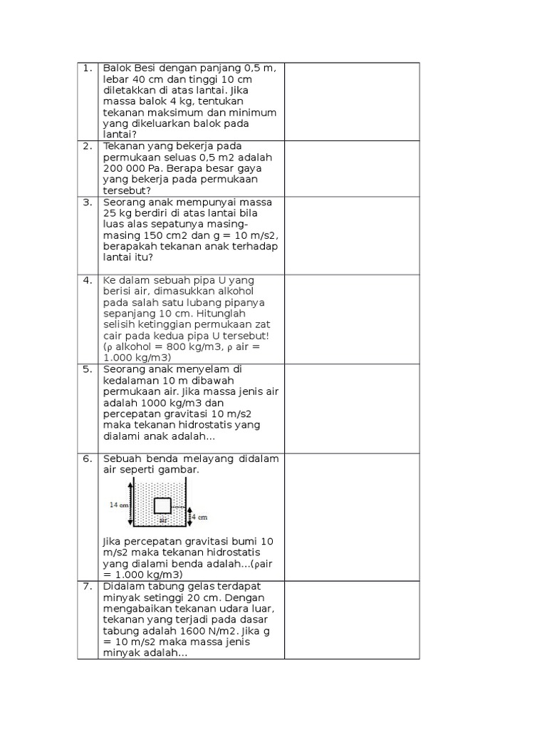 Soal Tekanan Hiodrostatis