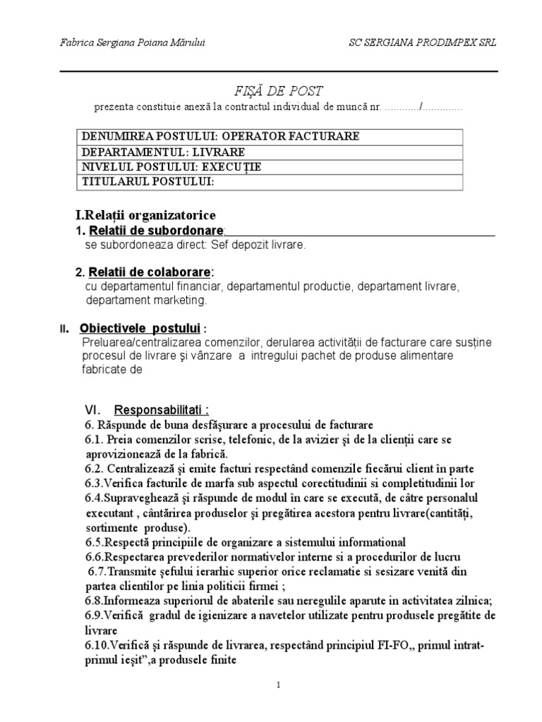 MODEL FISA POST Operator Facturare 09 | PDF