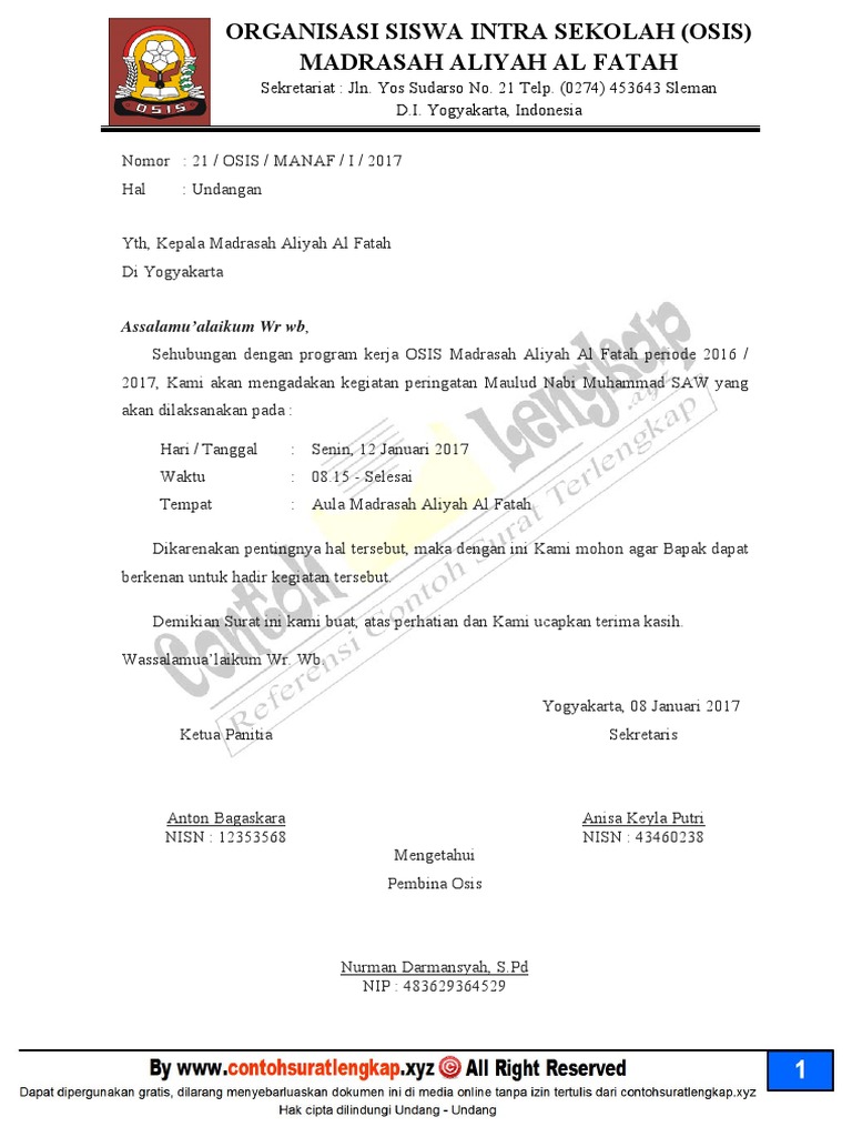Contoh Surat Dinas Osis Smp Dan Sma Teratai Merah Muda No.