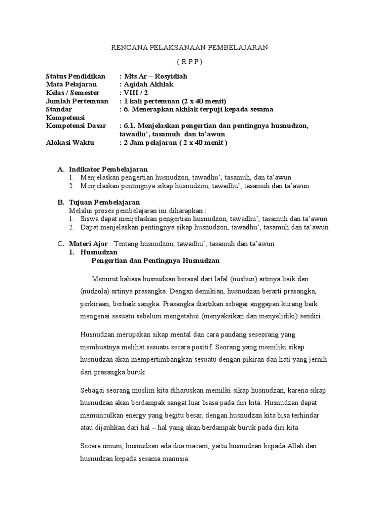 RPP Akhlak: Husnudzan dan Tawadhu | PDF
