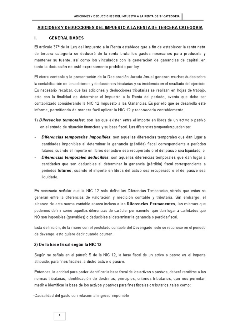 Adiciones y Deducciones Renta 3ª Categoría | PDF | Impuesto sobre la ...
