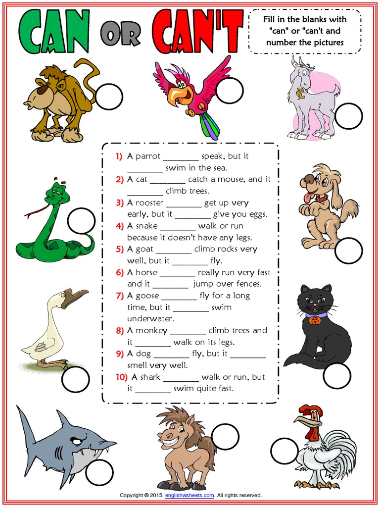 Can Or Can T Esl Worksheet With Animals Vocabulary For Kids Pdf Pdf