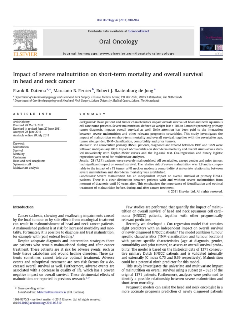 Malnutrition's Impact on Head and Neck Cancer Survival | PDF | Head And ...