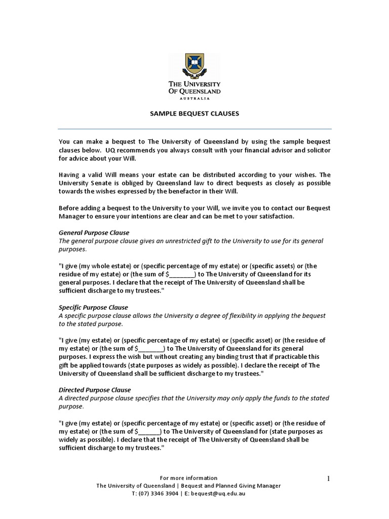 Sample Bequest Clauses  Civil Law (Legal System)  Legal Documents In Bequest Letter Template