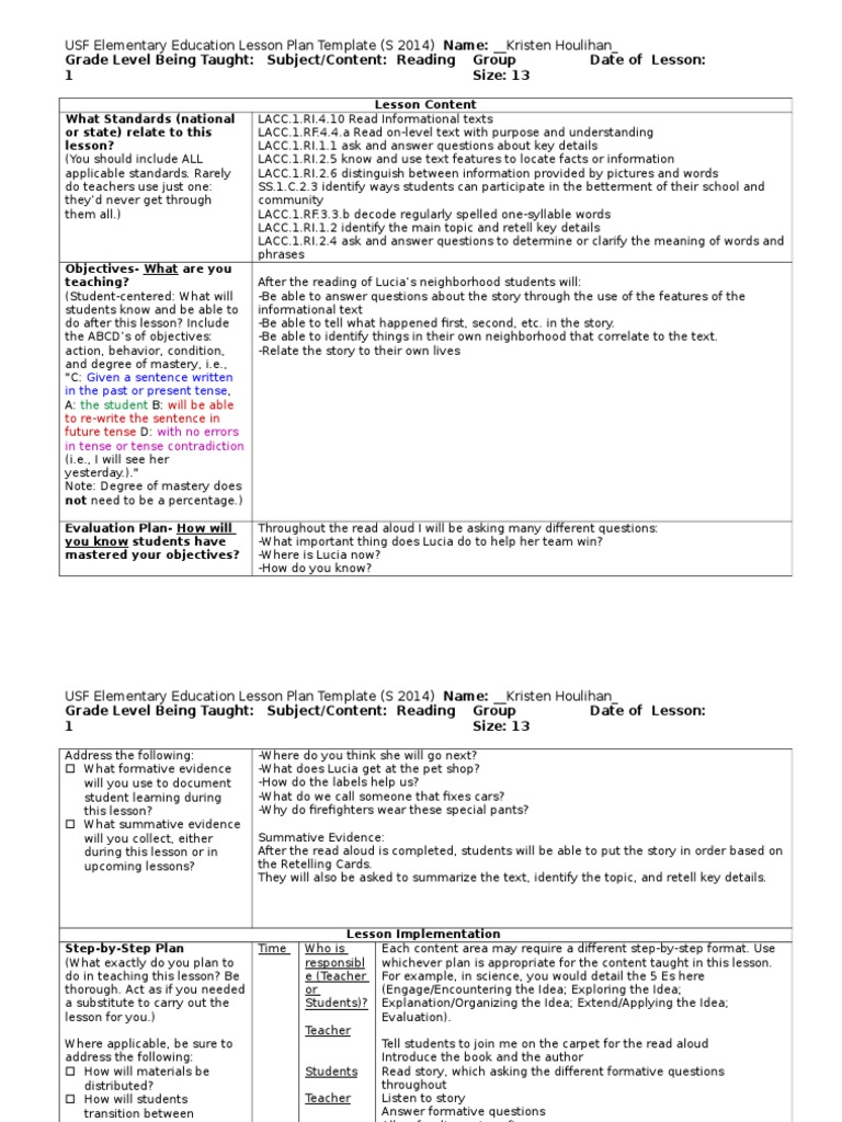 Reading Plan: Lucia's Neighborhood | PDF | Lesson Plan | Teachers