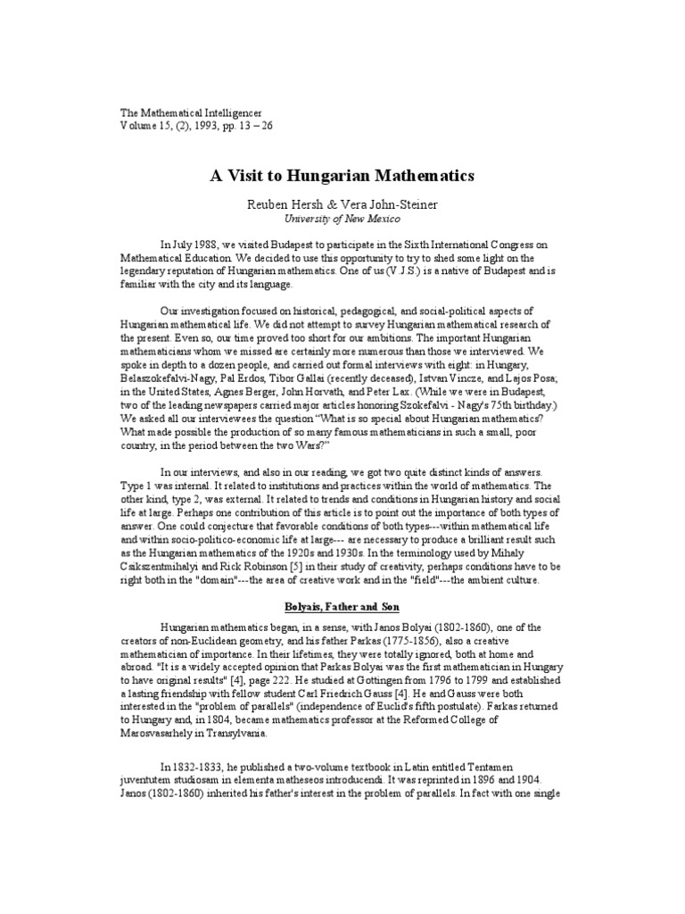 Hungarian Mathematics: A Historical Insight | PDF | Austria Hungary ...