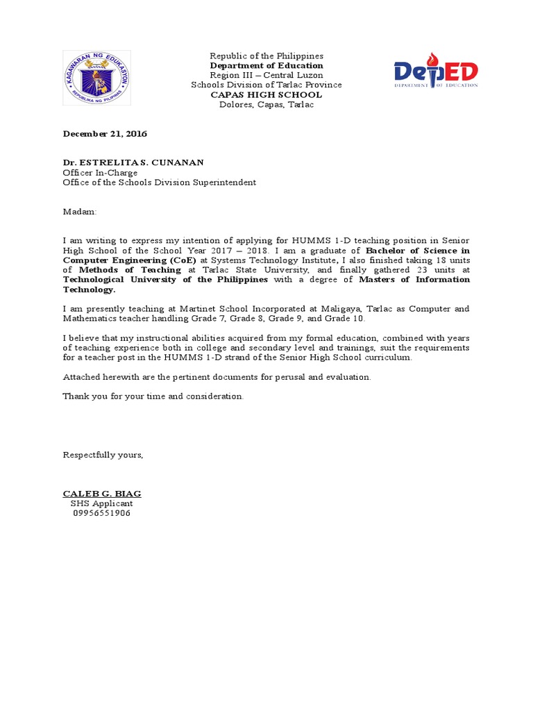 application letter for administrative officer deped