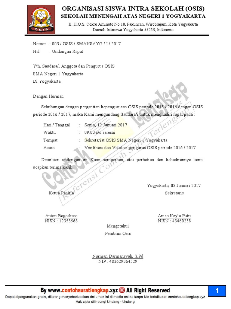 Contoh Surat Undangan Rapat Osis