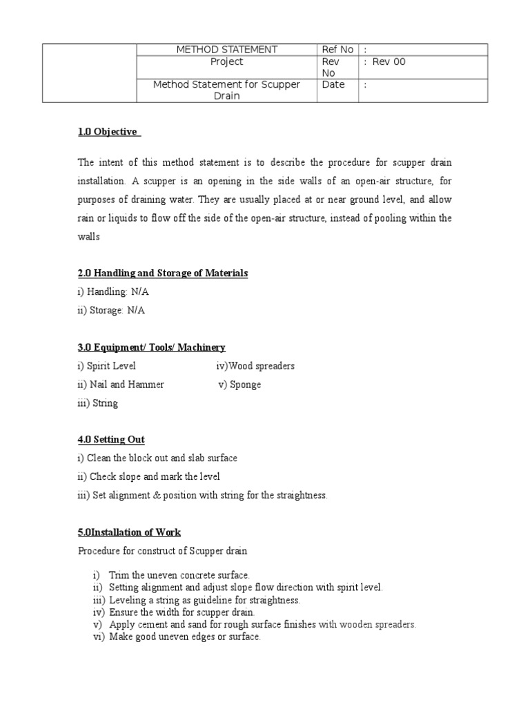 Scupper Drain Installation Method Statement | PDF | Home & Garden ...