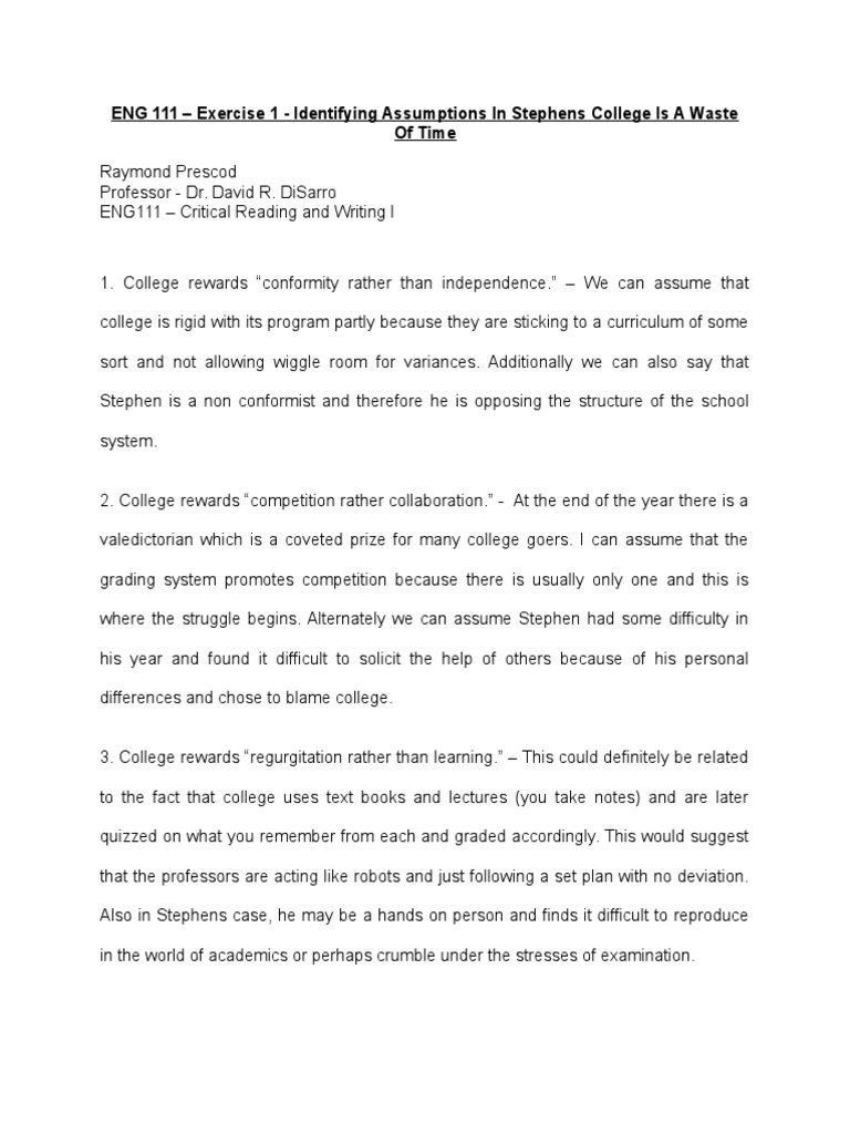 Exercise 1 Identifying Assumptions In Stephens College Is A Waste Of