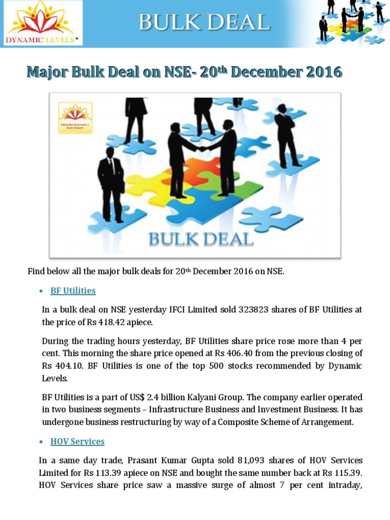 Major Bulk Deal on NSE 20th December 2016 Financial Analyst Stocks