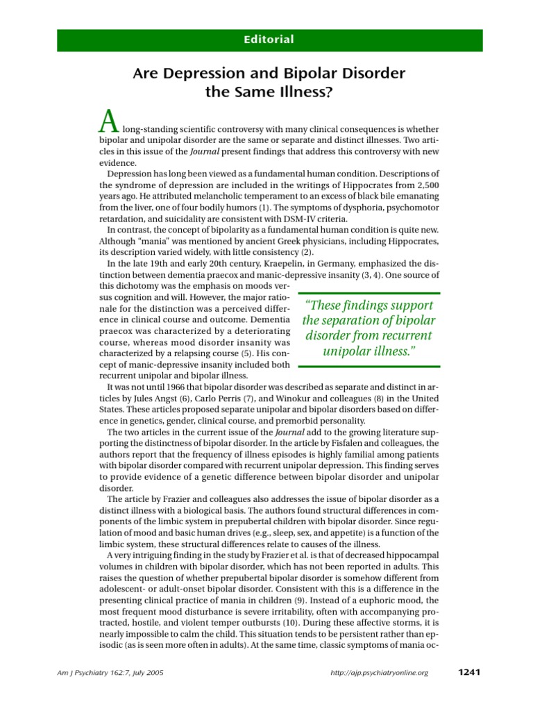Are Depression and Bipolar Disorder The Same Illness? Editorial PDF
