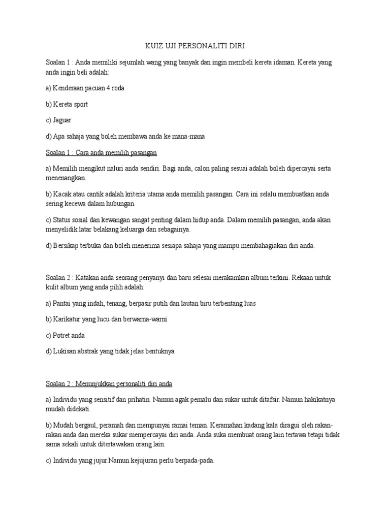 Kuiz Uji Personaliti Diri Pdf