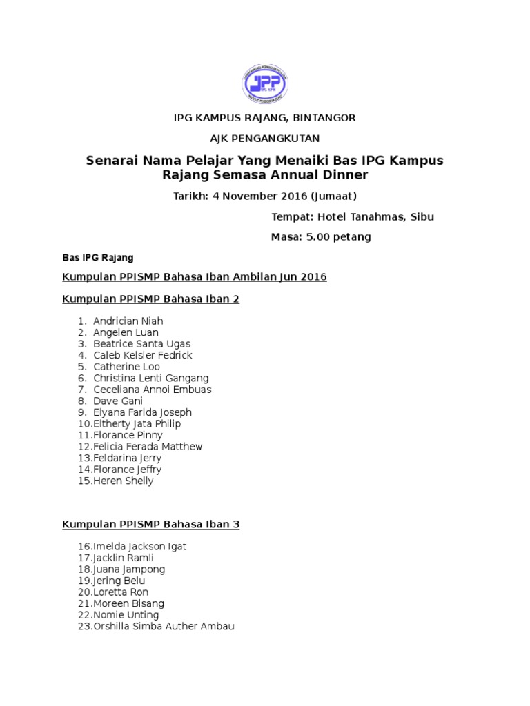 Senarai Pelajar Bas IPG Rajang | PDF