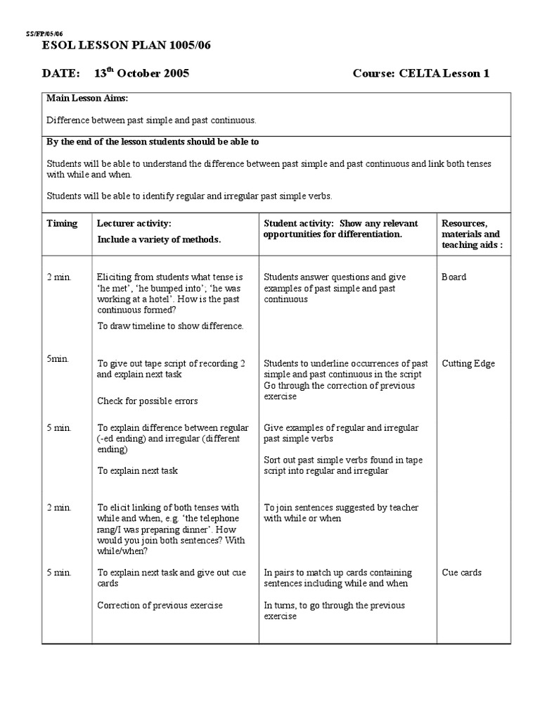 ESOL Lesson Plan 1 | PDF