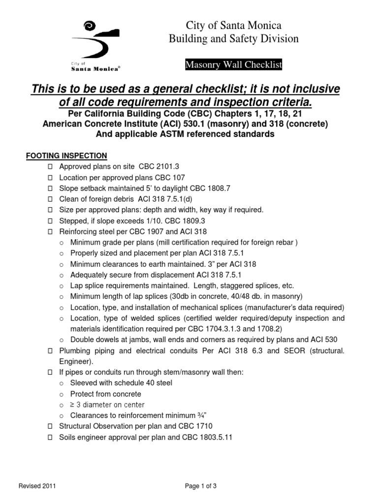 Inspection Checklist Masonry Wall Masonry Pipe (Fluid Conveyance)