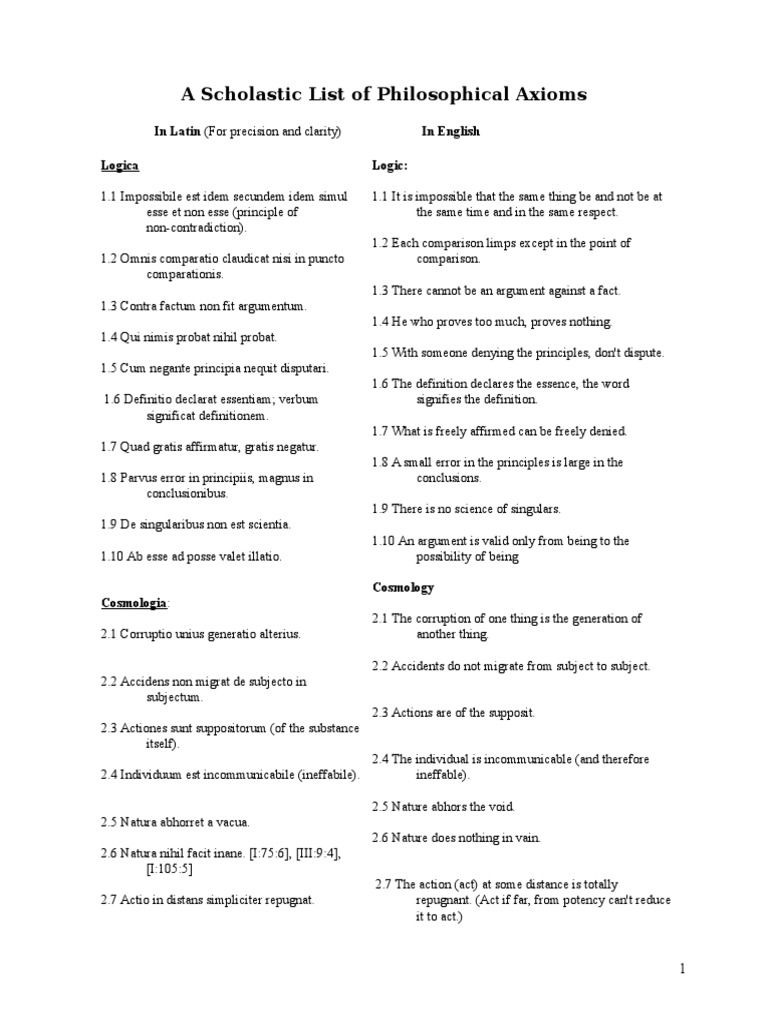 A Scholastic List of Philosophical Axioms Causality Metaphysics