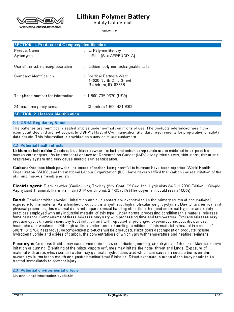 Lithium Polymer Battery Safety Data Sheet | PDF | Battery (Electricity ...