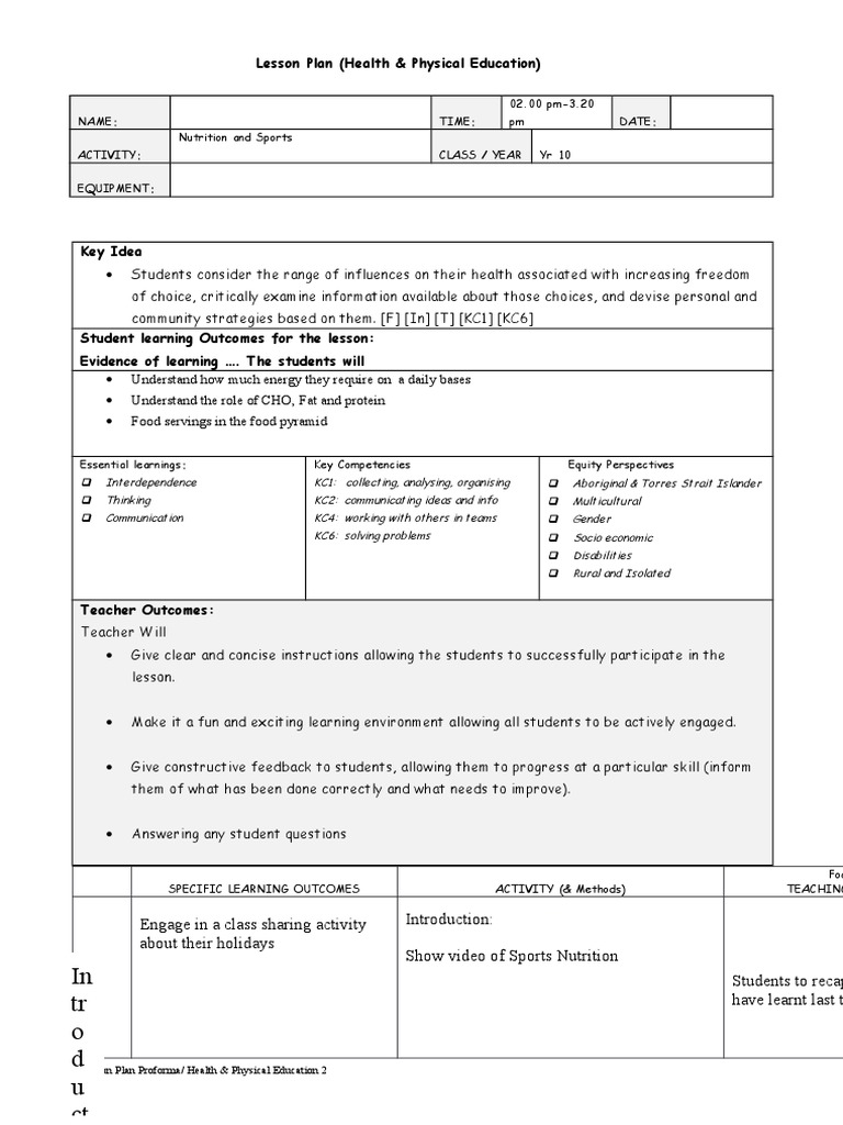 Nutrition and Sports Lesson Plan | PDF | Lesson Plan | Physical Education
