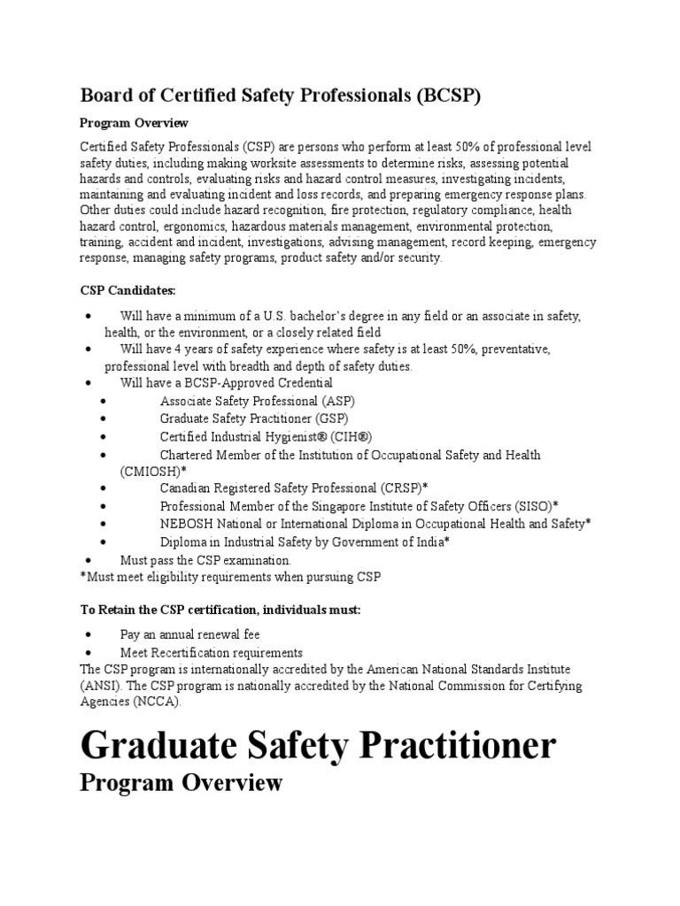 Board of Certified Safety Professionals Occupational Safety And