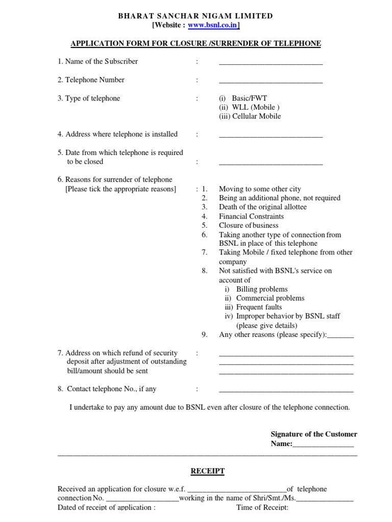 BSNL Landline Closure Application Form | PDF | Business
