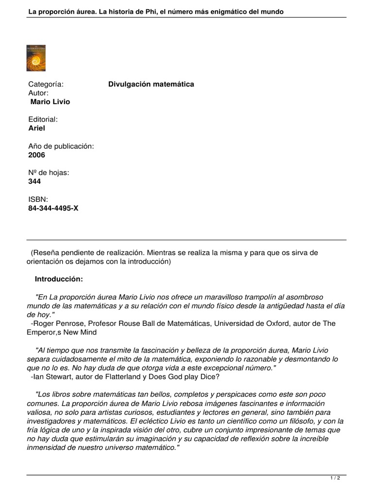 La Proporción Áurea. La Historia de Phi, El Número Más Enigmático Del Mundo-Mario Livio | PDF ...