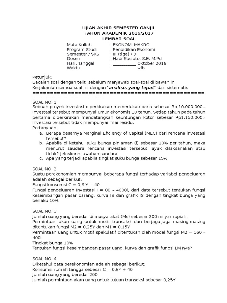 Soal Uas Ekonomi Makro 1617