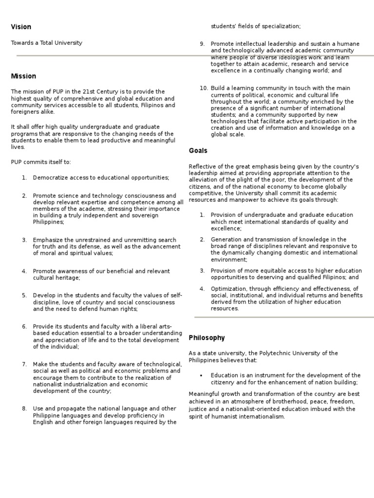 Vision, Mission, Goals, and Philiosophy of Pup | PDF | University ...