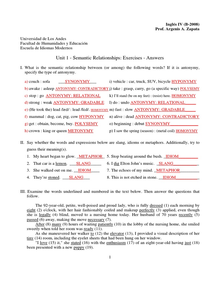Unit 1 Semantic Relationships Exercises Answers Pdf Semantics Vocabulary