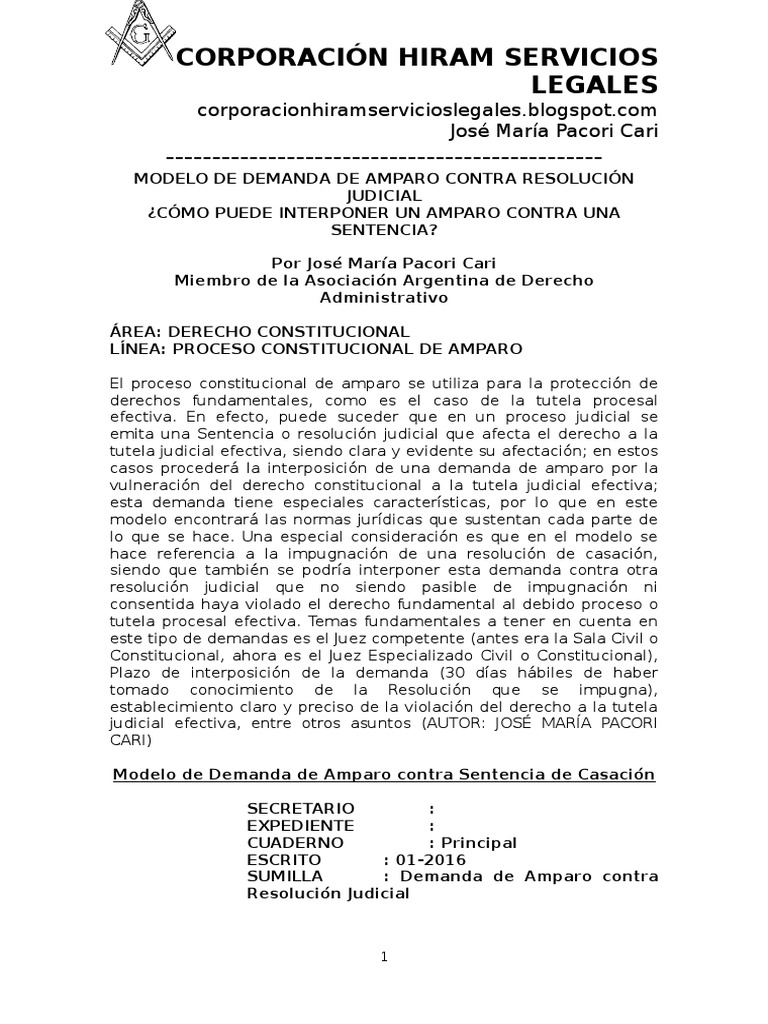 Modelo de Demanda de Amparo Contra Resolución Judicial - Como Interponer Un Amparo  Contra Una Casación - José María Pacori Cari | PDF | Demanda judicial | Ley  procesal