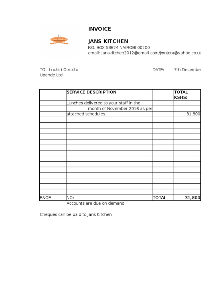 Jans Kitchen Invoice for November 2016 | PDF | Cooking, Food & Wine