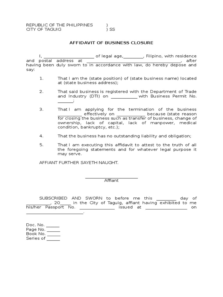 Affidavit of Closure of Business | PDF | Affidavit | Social Institutions