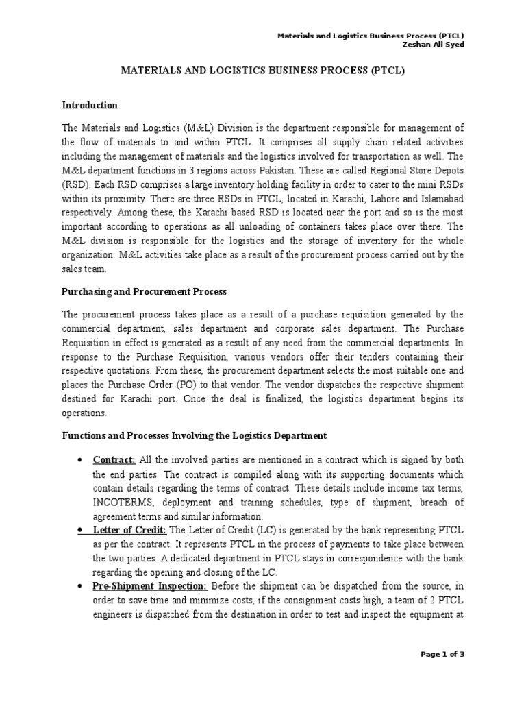PTCL Materials & Logistics Guide | PDF | Letter Of Credit | Logistics