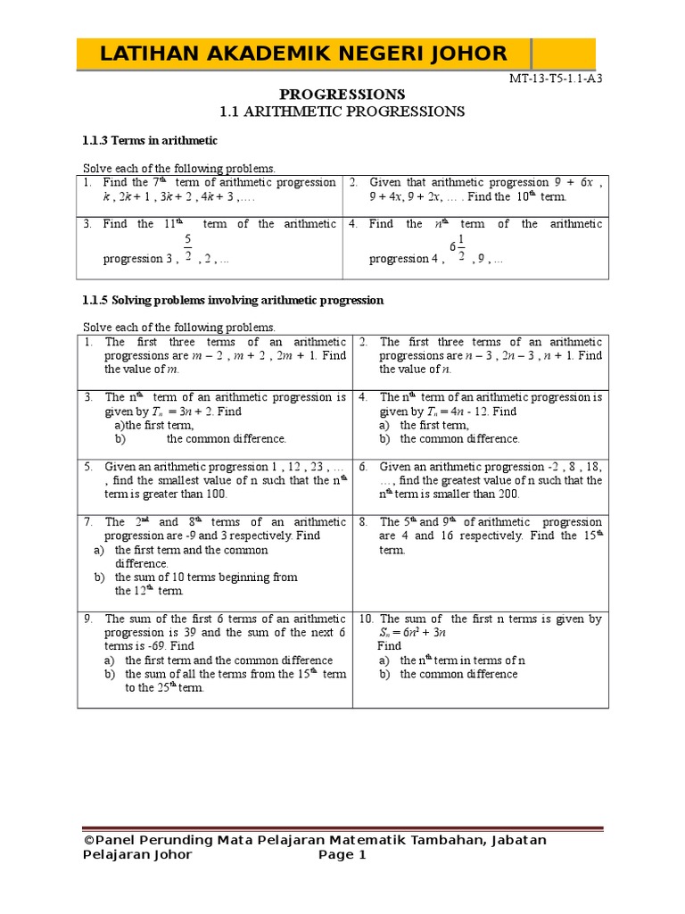 Latihan Akademik Negeri Johor: 1.1 Arithmetic Progressions | PDF ...