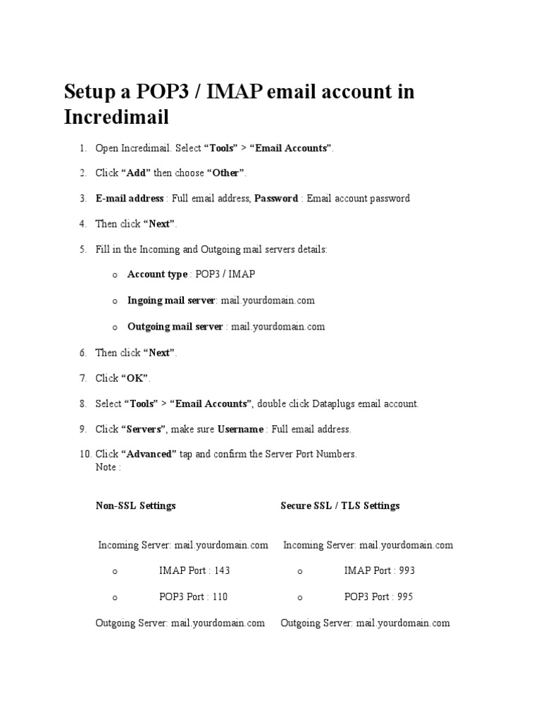 Setup A POP3 / IMAP Email Account in Incredimail: Non-SSL Settings ...
