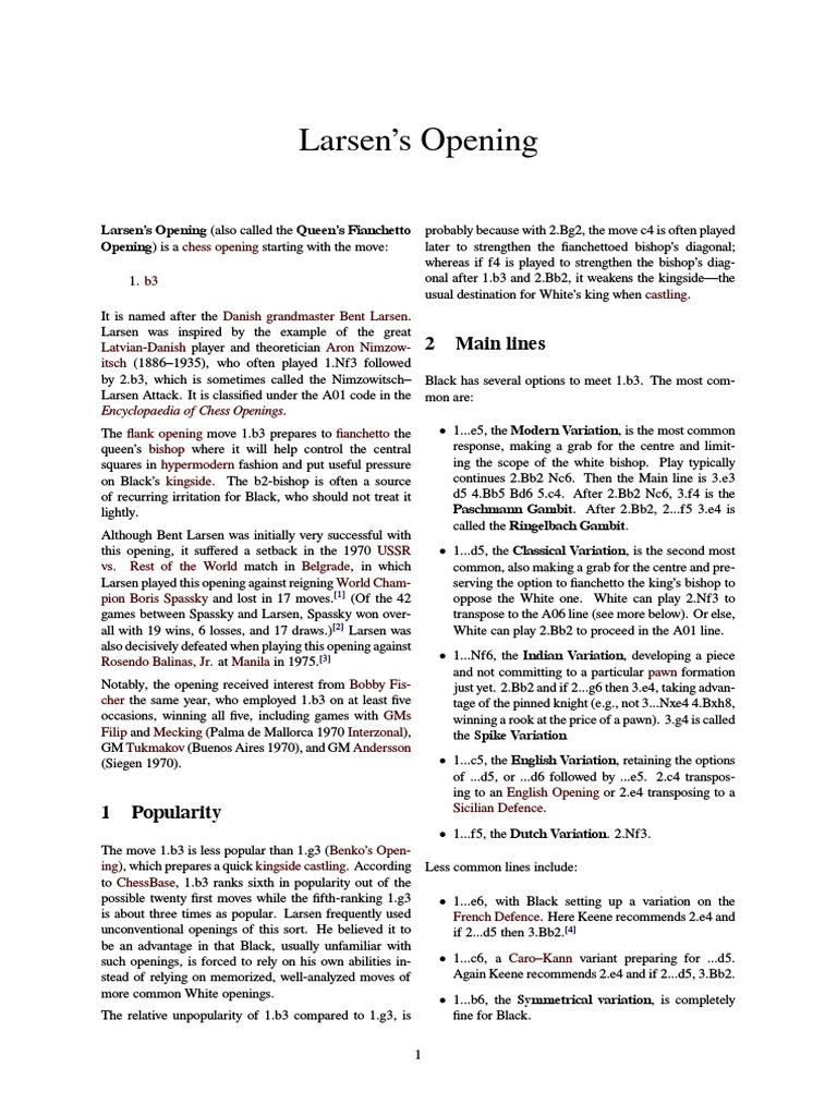 Larsen's Opening | Download Free PDF | Chess Openings | Traditional ...