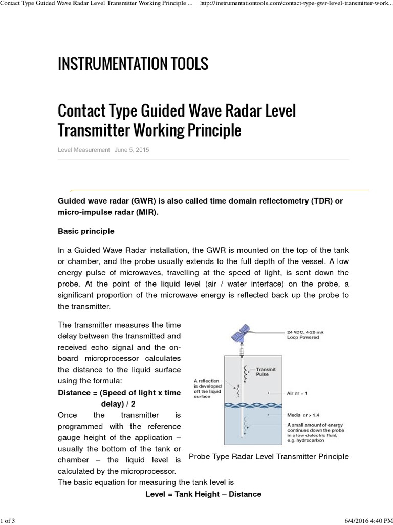 Contact Type Guided Wave Radar Level Transmitter Working Principle Instrumentation Tools PDF
