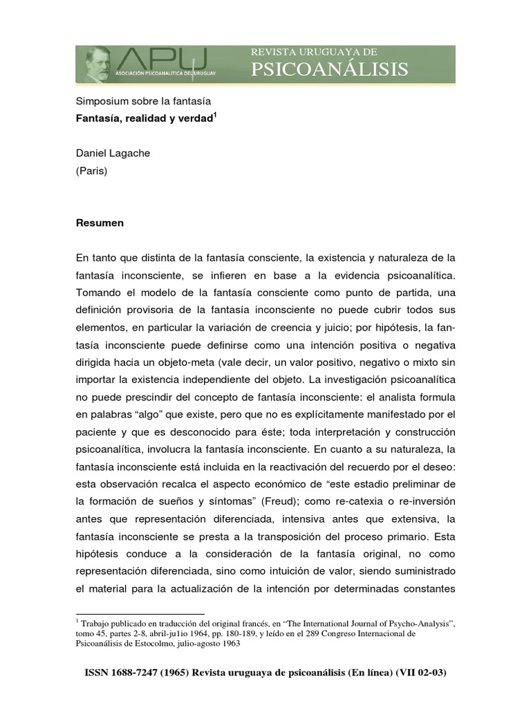 La Fantasia Daniel Lagache | PDF | Mente inconsciente | Psicoanálisis