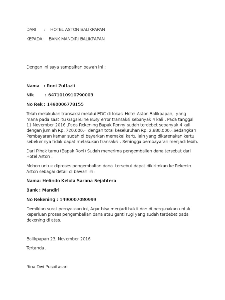 Contoh Surat Pengembalian Dana Deposit Pdf