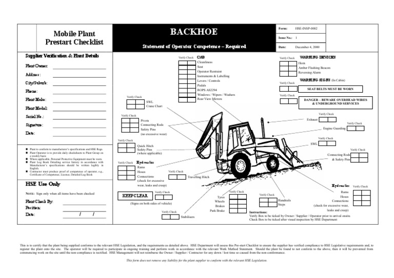 Backhoe Prestart Safety Checklist | PDF | Transport | Vehicle Technology