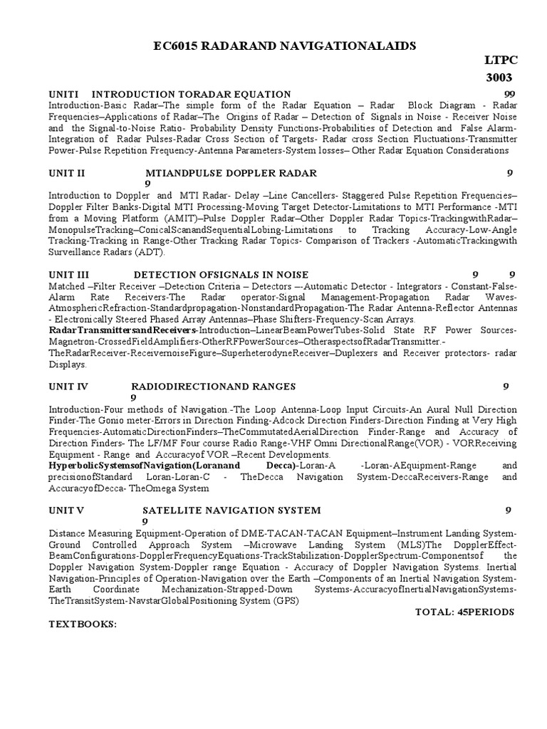 Ec6015 Radar and Navigational Aids SyllabusA5 PDF Radar Navigation
