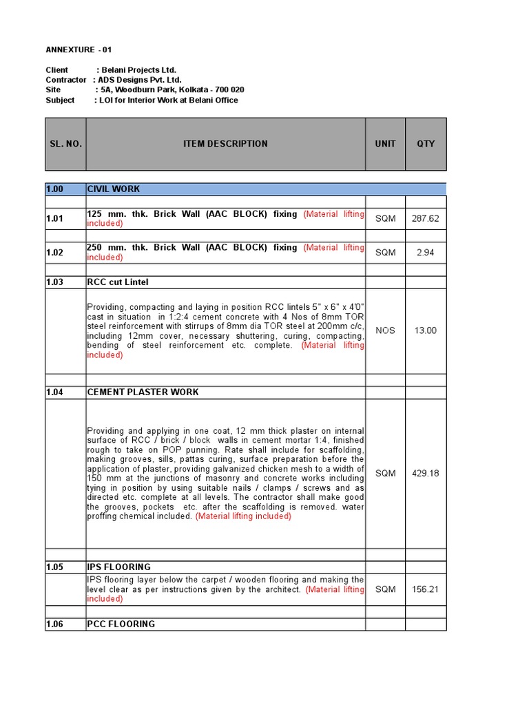 RA Bill Format for Interior Work | PDF | Door | Flooring